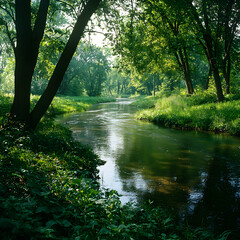 Obraz premium Sunlit River in Lush Green Forest
