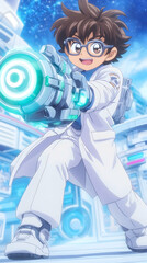Boy with futuristic weapon in city background.  Possible use Animation poster