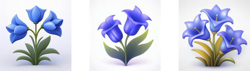 Obraz premium Illustrations of blue bellflowers with green leaves presented in a white background in three variations.