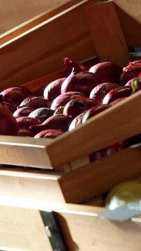 Fruit and vegetables in boxes at supermarket