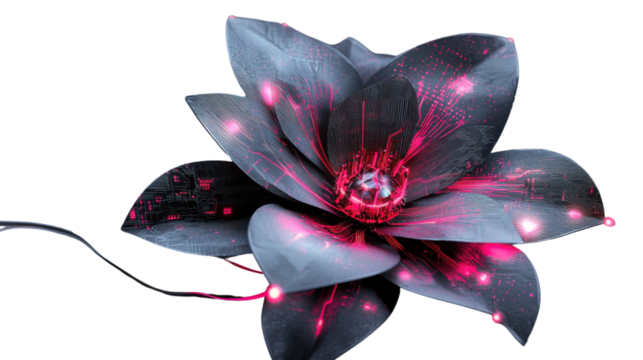 Futuristic glowing flower showing circuit board and cables on transparent background