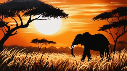 Silhouette of elephant at sunset in African savanna.