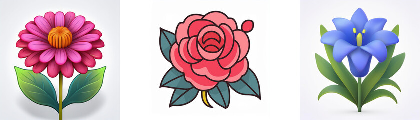 Three flower illustrations are depicted: a pink daisy-like flower, a red rose, and a blue bell-shaped flower, each with green leaves.