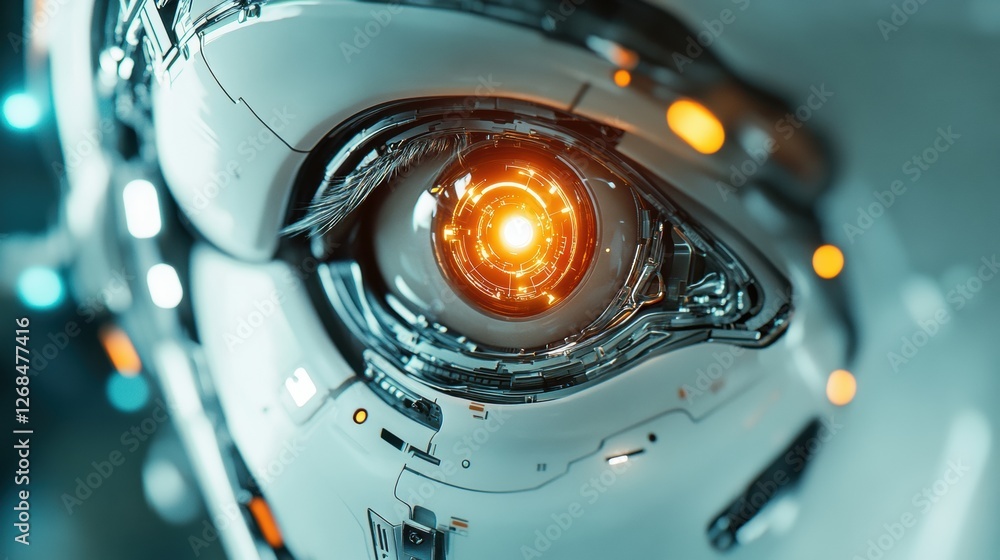 Poster robotic eye glowing softly among intricate futuristic circuits in a high tech environment. generativ