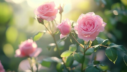 Pink roses blooming garden sunset romantic