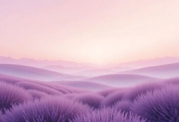 Fototapeta premium Dreamy Landscape, Purple Fields and Misty Mountains at Gentle Sunrise