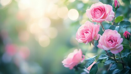 Pink roses blooming garden sunlight bokeh greeting card