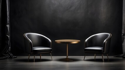 two chairs with round table banner with empty space, black luxury background, holiday banner poster background for advertisement ads