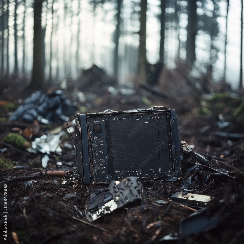 Poster black box recorder amid scattered airplane wreckage in dense forest environment. generative ai