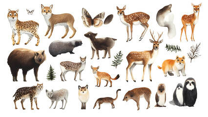 Fototapeta premium Watercolor illustration featuring a collection of various animals, including a deer, a fox, a penguin, and a badger
