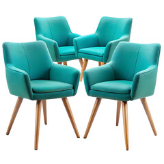 Modern turquoise armchairs with wooden legs, each featuring a unique design, showcasing contemporary furniture styles, isolated on a transparent background.