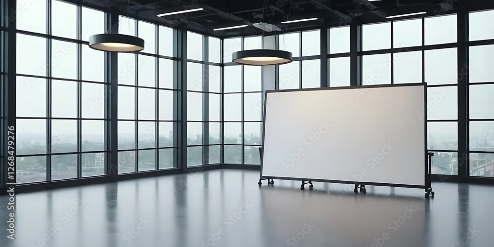 Poster modern presentation space with a blank canvas against a city view window