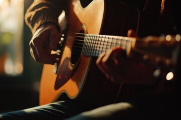 Fototapeta premium Guitar player strums acoustic instrument in warm light during intimate performance at local venue. Generative AI