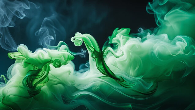 Colorful abstract smoke swirling in dark background with a mix of blue and green tones creating a dreamy, underwater-like texture and motion