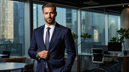 Fototapeta premium Confident Business Executive in a Modern Corporate Office – Leadership, Success, and Professionalism