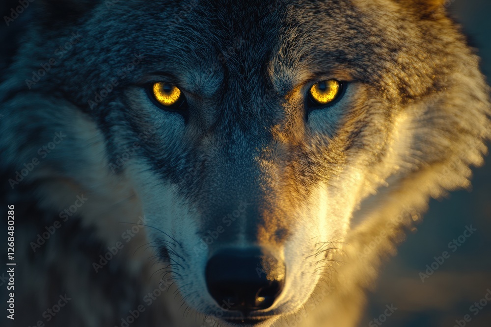 Poster enigmatic wolf with piercing golden eyes gazes intently in the twilight forest. generative ai