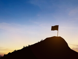 Black silhouette of victory flag on the mountaintop