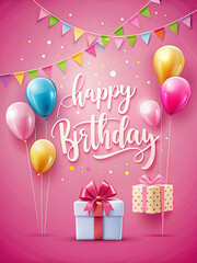 Pink Birthday Party Background with Balloons, Gifts, and Bunting