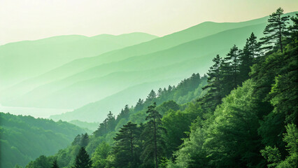 Fototapeta premium A mesmerizing view of rolling forested mountains bathed in soft green hues, layers fading into the horizon, evoking depth, tranquility, and untouched wilderness