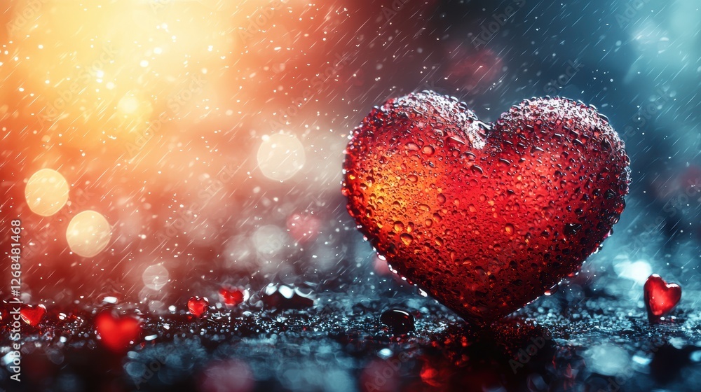 Poster a shimmering red heart surrounded by raindrops and soft bokeh lights.