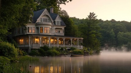 Victorian Lakeside Mansion at Dawn Embraces Gentle Mist