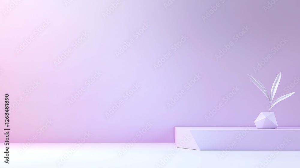 Poster minimalist scene with a geometric vase and leaves on a pastel gradient background for modern design 