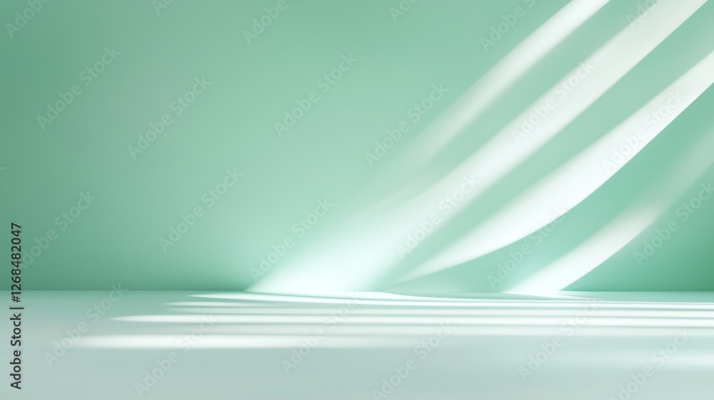 Poster minimalistic abstract green background with light streaks creating a serene and modern atmosphere.