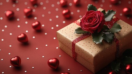 A beautifully wrapped gift with a rose, surrounded by heart decorations.