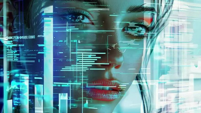 futuristic technology screen background closeup of brunette woman face businesswoman computer glitch screen movement charts led graphs dimension display stock market