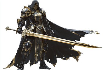 Dark knight, majestic sword, fantasy realm, game asset, 3D render