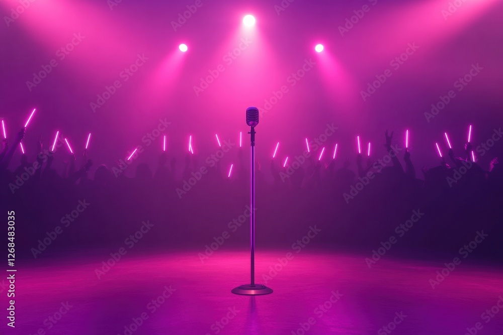 Poster Stage illuminated with pink lights featuring a vintage microphone and an enthusiastic crowd ready for a performance. Generative AI