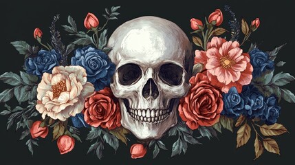 Human skull surrounded by red, pink, and blue roses and other flowers.