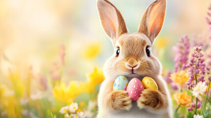 Fototapeta premium Cute Rabbit Holding Colorful Easter Eggs Surrounded by Beautiful Spring Flowers and Bright Background