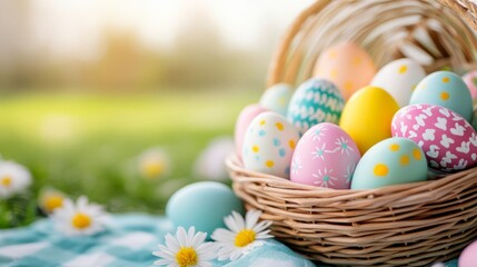 Fototapeta premium Colorful Easter Eggs in a Basket Surrounded by Flowers and Green Grass in Springtime