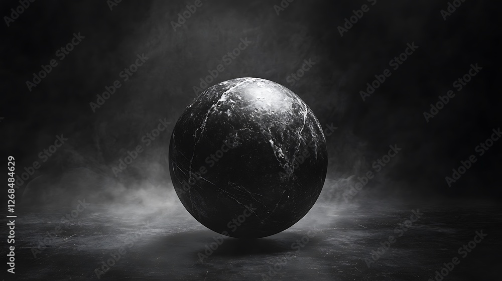 Poster mysterious orb of polished obsidian hovering within smoky shadows