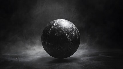 Mysterious orb of polished obsidian hovering within smoky shadows