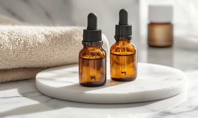 Close-up of amber glass dropper bottles with brown essential oil on a white marble plate, with a beige towel in the background, creating a modern aesthetic.
