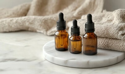 Close-up of amber glass dropper bottles with brown essential oil on a white marble plate, with a beige towel in the background, creating a modern aesthetic.