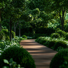 Fototapeta premium Sunlit Wooden Path Through Lush Green Garden