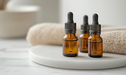 Close-up of amber glass dropper bottles with brown essential oil on a white marble plate, with a beige towel in the background, creating a modern aesthetic.