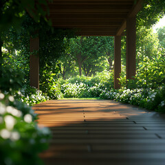 Sunlit Wooden Path Through Lush Green Garden