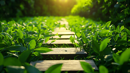 Sunlit Wooden Path Through Lush Green Garden