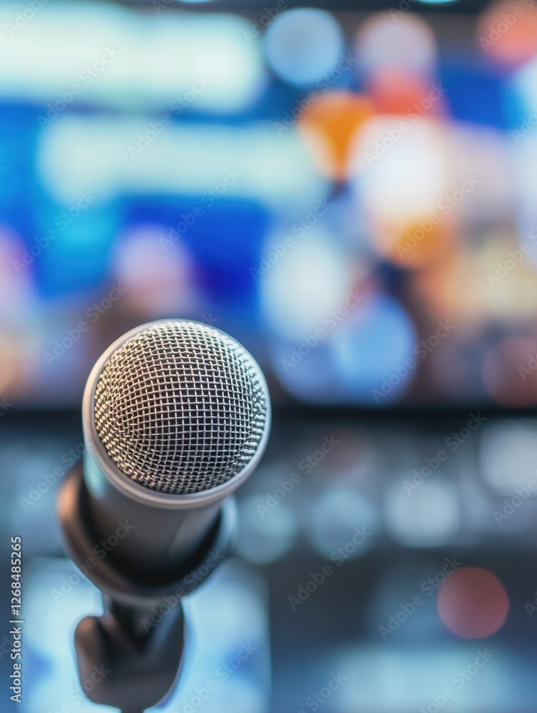 Aufkleber close up of a microphone in a studio setting during a live broadcast event with blurred background e