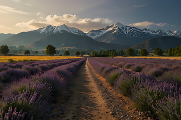 detailed and 4K resolution image of a highway road through lavender fields with a mountain view,Amazing landscape view
