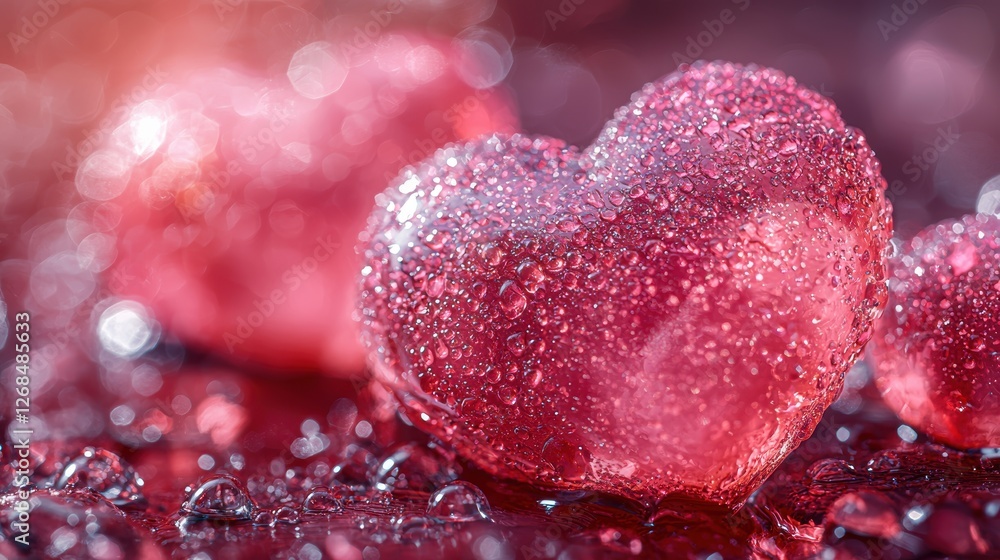 Poster close-up of shimmering red heart-shaped objects with water droplets.