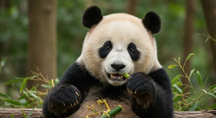 Obraz premium Baby Panda Eating Bamboo in a Bamboo Forest