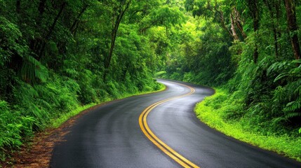 Winding Road Through Lush Green Tropical Forest