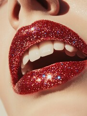 Close-up of red lips with glitter, white teeth, and shiny lip gloss. Beauty photography on a white background