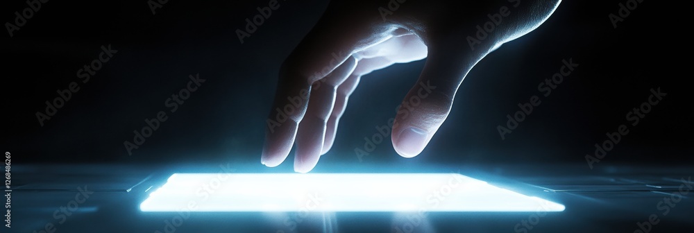 Aufkleber Robotic hand engages with a luminous virtual button in a dark environment during a tech interaction. Generative AI