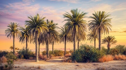 Obraz premium Serene Sunset Oasis Palm Trees at Golden Hour